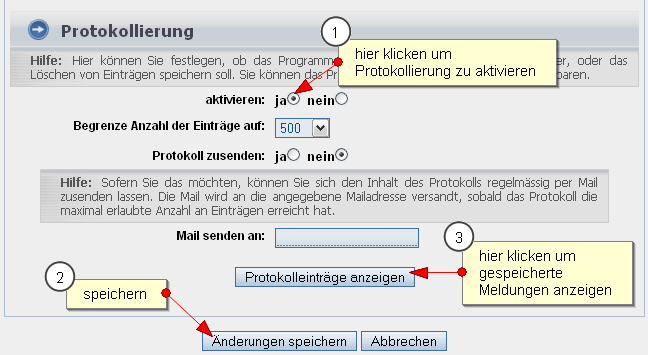 Protokollierung, aktivieren: ja