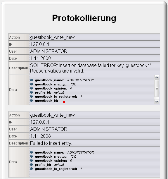 Liste der Protokolleintrge